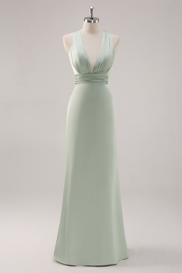 Sage Green Satin Deep V-Neck Backless Long Bridesmaid Dress